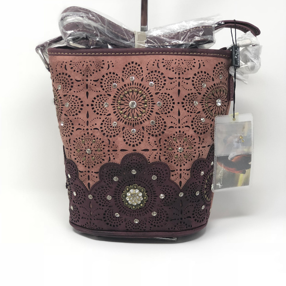 Montana West Concho Bucket Shape Crossbody Red - Picture 2 of 8